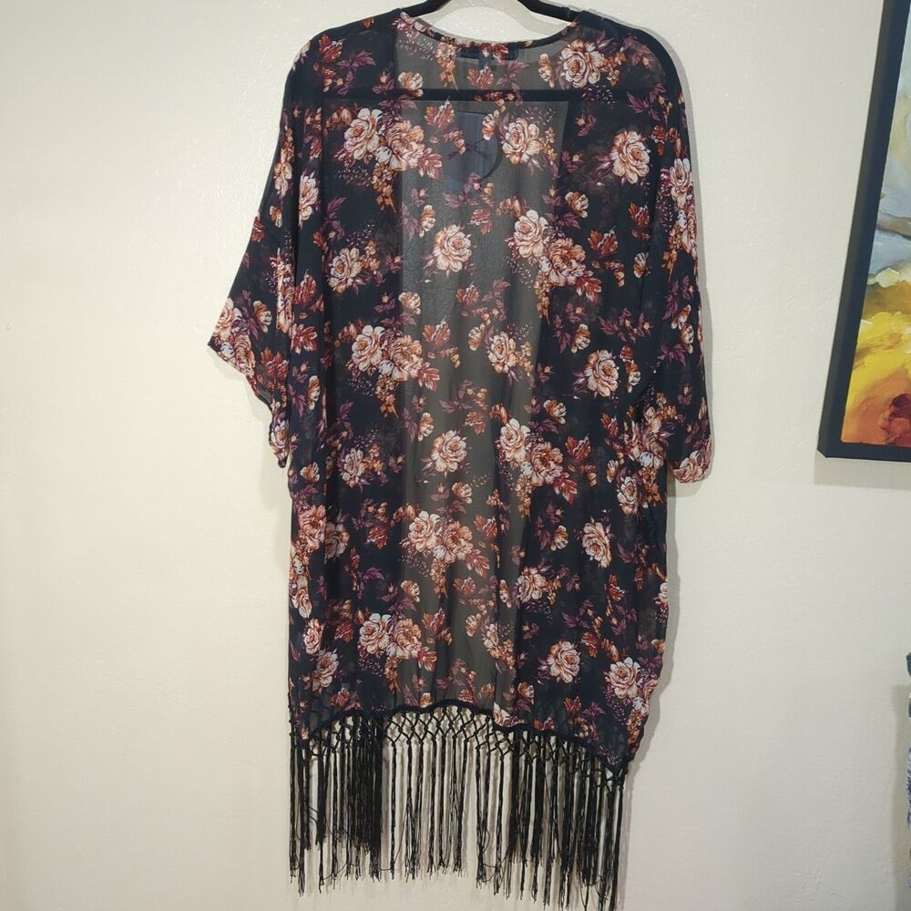 Gypsies & Moondust Womens Sz Large Kimono Lightweight Black Floral Boho lace - Picture 5 of 7